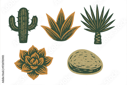Stylized desert plants including cactus, agave, and succulent with a natural rock, featuring a unique textured block print effect