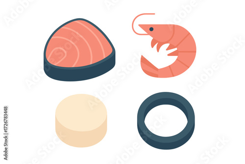 Assortment of fresh and healthy seafood including salmon steak, shrimp, scallop, and calamari rings, artfully arranged for a gourmet meal