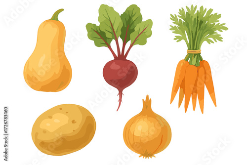 Vibrant collection of fresh organic root vegetables and butternut squash with green leaves arranged on a clean white background