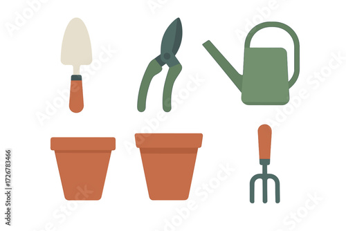 Assortment of essential gardening tools and terracotta pots for planting, cultivation, and garden care