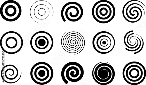 Collection of Black and White Spiral and Concentric Circle Designs