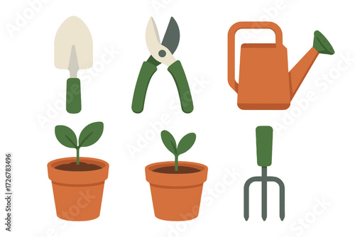 Essential gardening tools and young plant sprouts in terracotta pots for spring planting and growth, a symbol of new beginnings and horticulture