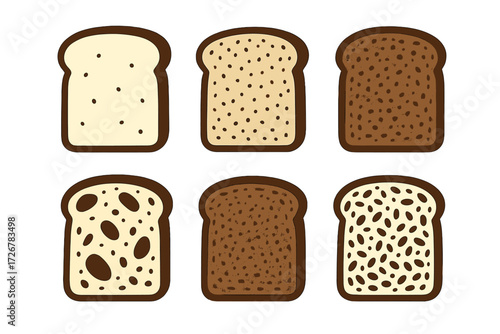 Selection of different bread slices with distinct textures and colors for bakery and healthy eating themes