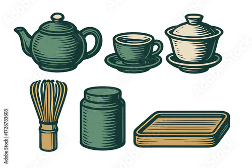 Traditional Asian tea ceremony utensils set including teapot, teacup, gaiwan, matcha whisk, tea caddy, and serving tray