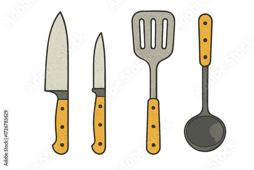 Assortment of essential kitchen utensils including knives, spatula, and ladle for cooking and food preparation