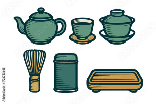 Traditional Japanese tea ceremony utensils and matcha preparation tools for brewing and serving hot beverages