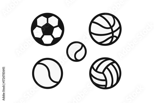 Minimalist black and white outlines of popular sports balls for various athletic games and recreational activities