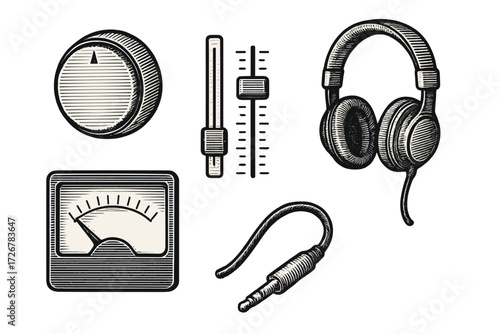 Collection of vintage audio equipment elements including headphones, fader, rotary knob, and analog meter for sound engineering