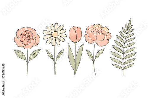 Collection of pastel colored floral elements featuring a rose, daisy, tulip, peony, and fern leaf with a delicate aesthetic
