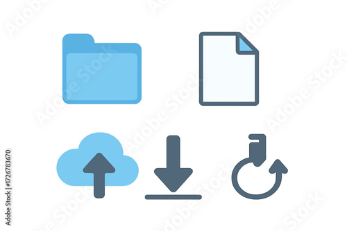 Modern digital file management, cloud storage, data transfer, and synchronization interface icons