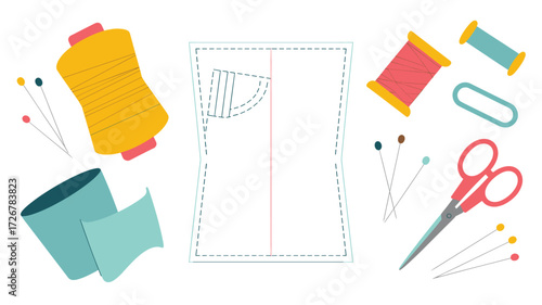 Sewing Essentials: Pattern, Threads, Scissors, and Fabric for DIY Projects - A Creative Hobby Illustration, Handcrafting Designs and Fashionable Needlework Concepts.