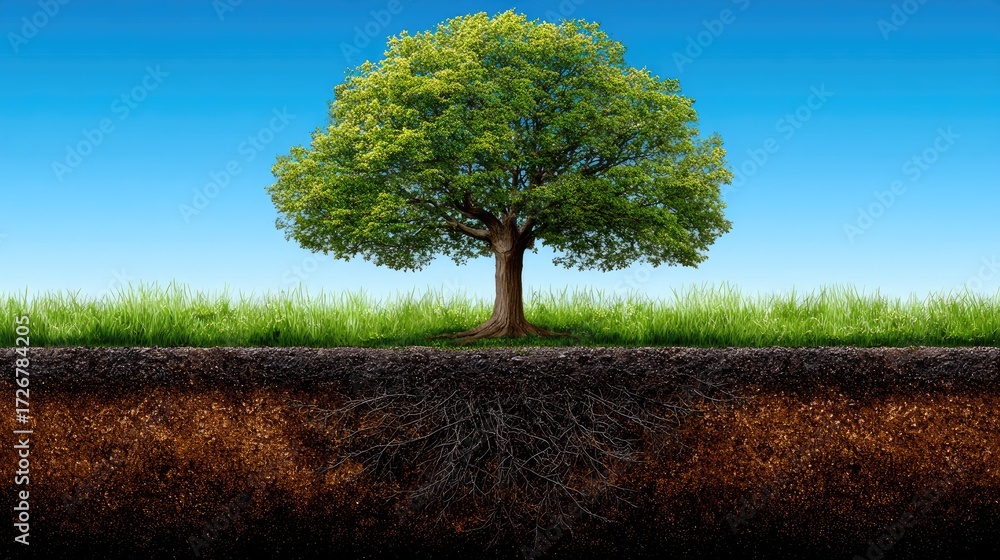 Obraz premium Lush tree with extensive root system in soil.