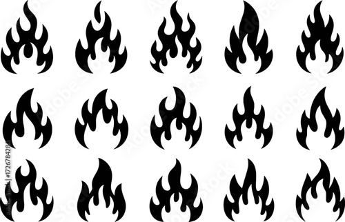 Collection of Black Flame Icons on White Background
