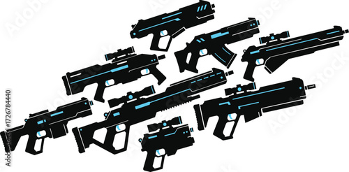 Futuristic firearm silhouette vector set with sci-fi weapons, cyberpunk gun designs, tactical gear illustration, high-tech concept art