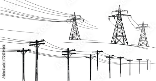 High voltage transmission towers and utility poles with power lines, black and white energy infrastructure landscape, electric grid illustration
