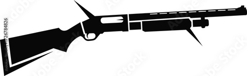 Pump-action shotgun silhouette vector with tactical components, firearm outline, weapon design, military gear illustration, side profile view