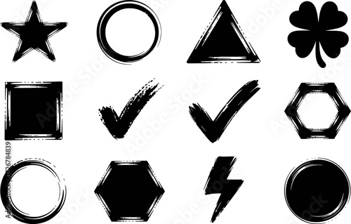 Collection of Black Grunge Style Geometric Shapes and Symbols