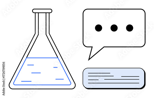 Laboratory flask with liquid, speech bubble, and text block symbolizing science communication, education, and ideas. Ideal for innovation, discussion, research, collaboration learning