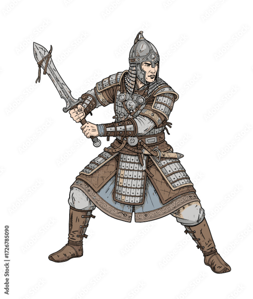 Obraz premium Traditional warrior vector illustration with detailed armor, combat stance, sword weapon, historical battle attire, fantasy character design, heroic silhouette