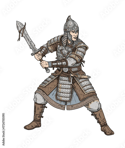 Traditional warrior vector illustration with detailed armor, combat stance, sword weapon, historical battle attire, fantasy character design, heroic silhouette
