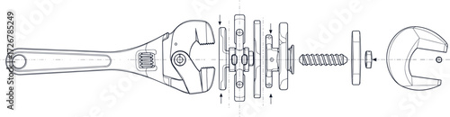 Exploded adjustable wrench assembly vector diagram with labeled tool components, gear mechanism, mechanical blueprint, engineering schematic, precision illustration