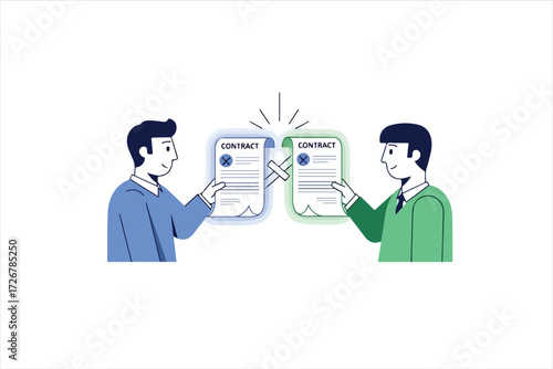 Two men exchanging signed contracts, symbolizing agreement and partnership in a clean, minimalist illustration.