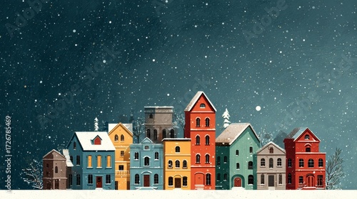 Wallpaper Mural Illustration of a town with blue, green, and red houses surrounded by snow on a winter night, christmas background, 16:9 Torontodigital.ca