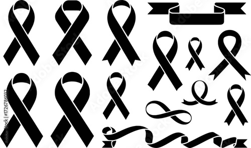 Collection of Black Ribbons and Bows for Mourning and Awareness