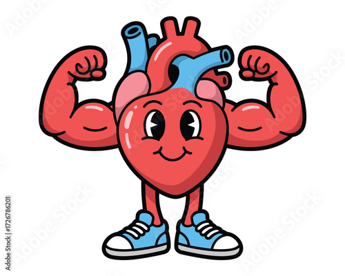 Strong cartoon heart flexing muscles isolated on white background