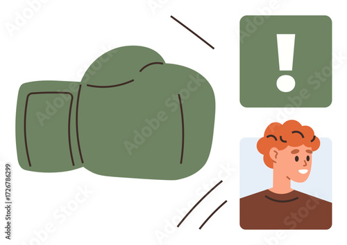 Green boxing glove moving toward a person with an alert exclamation mark highlighting caution or awareness. Ideal for conflict, alertness, reaction, aggression, stress, warning, confrontation. Simple