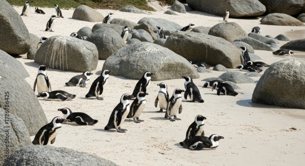 Fototapeta premium African penguins on a sandy beach, surrounded by rocks