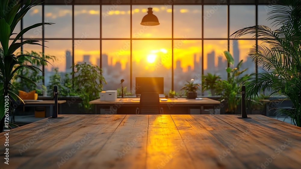 Fototapeta premium Sunlit modern office with city skyline view and lush plants creates serene workspace ambiance.