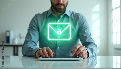 Secure communication and data protection concept with a person using a tablet and a glowing padlock email icon overlay