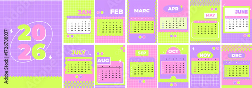 2026 calendar design in Y2K aesthetic style for printable planner, digital organizer, and wall decoration.
