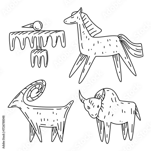 A set of elements in the style of scribbles, rock carvings of Native American animals. Primitive images of horses, goats, buffaloes, and birds. Hunting. Black and white scribbles. American Indians