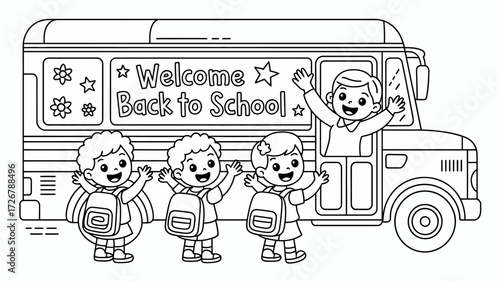 Cheerful children with backpacks eagerly boarding a school bus for a new academic year, illustrated in black and white