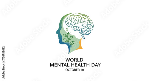 A conceptual vector illustration representing psychological wellness and mental health, featuring a stylized human profile with a geometric brain and symbols of natural growth