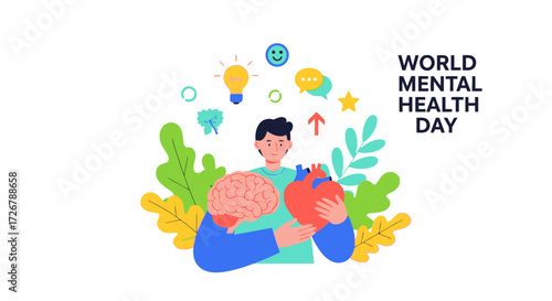 Illustration of a person holding a brain and heart, symbolizing mental health awareness and well-being on World Mental Health Day