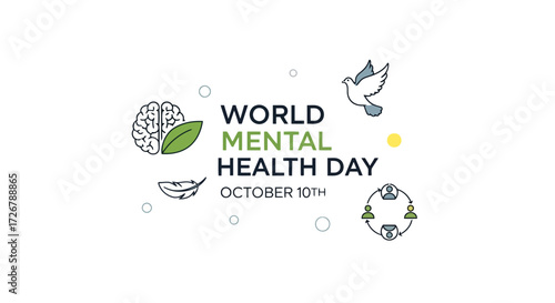 Conceptual banner for mental health awareness, featuring icons of a brain, dove, and community support for wellness