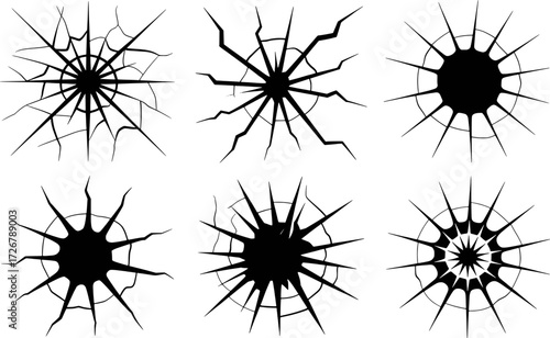 Collection of Six Black and White Cracked Glass Breakage Patterns