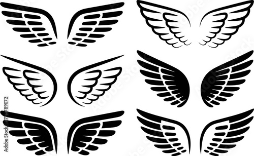 Collection of Six Stylized Black and White Wing Illustrations