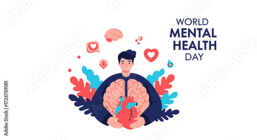 World Mental Health Day illustration celebrating mind and emotional well-being with brain and heart icons