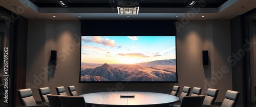Large motorized projector screen in modern conference room,  interior,  technology