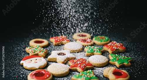 Colorful decorated Christmas cookies with powdered sugar falling  