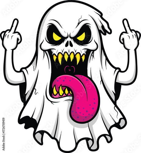 Cartoon ghost with middle fingers spooky phantom with tongue out and angry expression halloween character with bad attitude and funny gesture