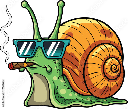 Cartoon snail with sunglasses and cigar cool mollusk with laidback attitude and smoking habit funny gastropod character enjoying life