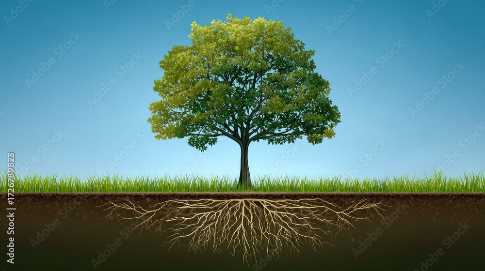 Fototapeta premium A lush tree with extensive roots in the ground.