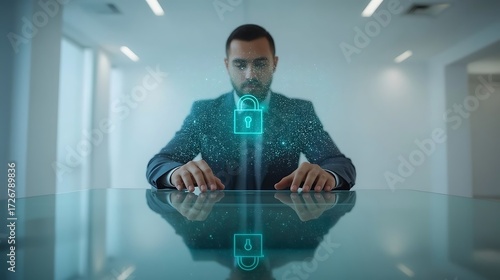 Ensuring Data Security A Businessman's Digital Lock Reflection in a Boardroom