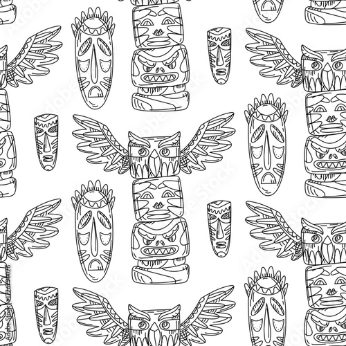 pattern of a wooden totem pole with various animals and masks of native American settlements. Seamless texture in doodle. Animals standing on top of each other, carved from wood. American Indians