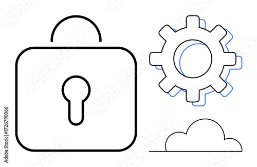 Padlock symbolizes security, gear represents system functionality, and cloud depicts cloud computing. Ideal for cybersecurity, cloud services, system management, data protection, IT solutions